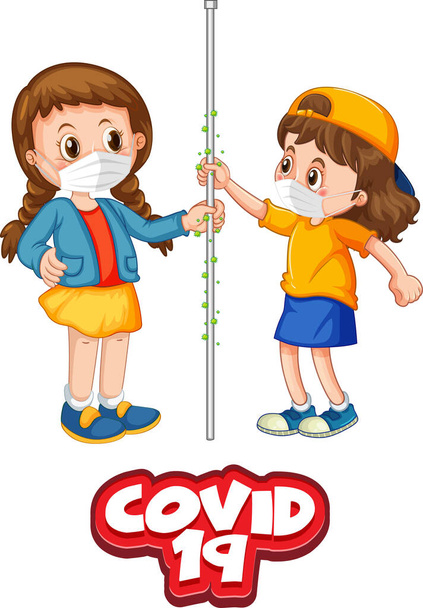 Twee kinderen cartoon karakter niet houden sociale afstand met covid-19 lettertype geïsoleerd op witte achtergrond illustratie - Vector, afbeelding