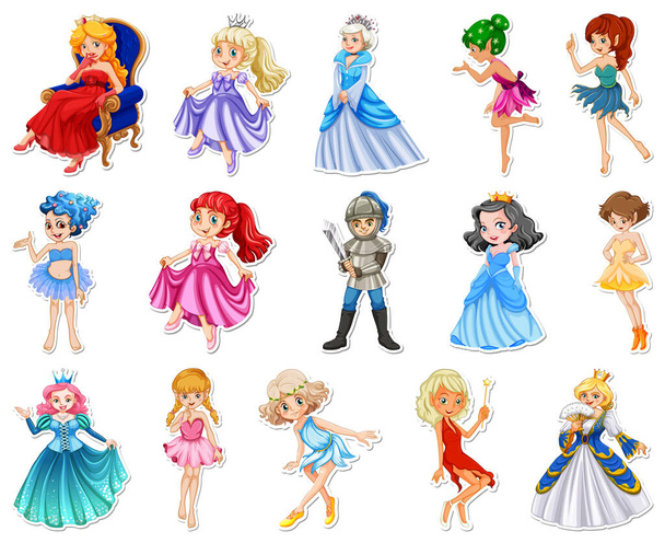Conjunto de adesivos com diferentes personagens de desenhos animados de conto de fadas ilustração - Vetor, Imagem