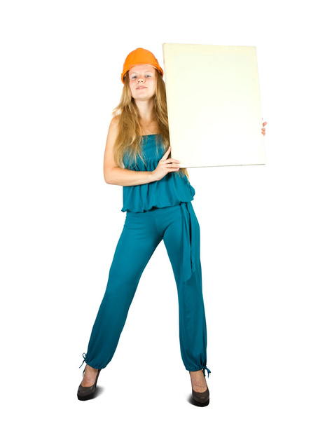 Businesswoman in hardhat holding banner, isolated on white - Foto, afbeelding