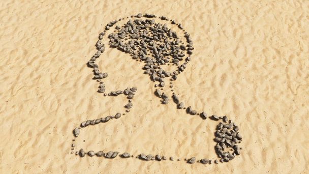 Concetto pietre concettuali sulla spiaggia sabbia forma simbolo fatto a mano, sfondo di sabbia dorata, segno del cervello umano. Una metafora di illustrazione 3D per scienza, intelligenza, anatomia, neurologia, brainstorming - Foto, immagini