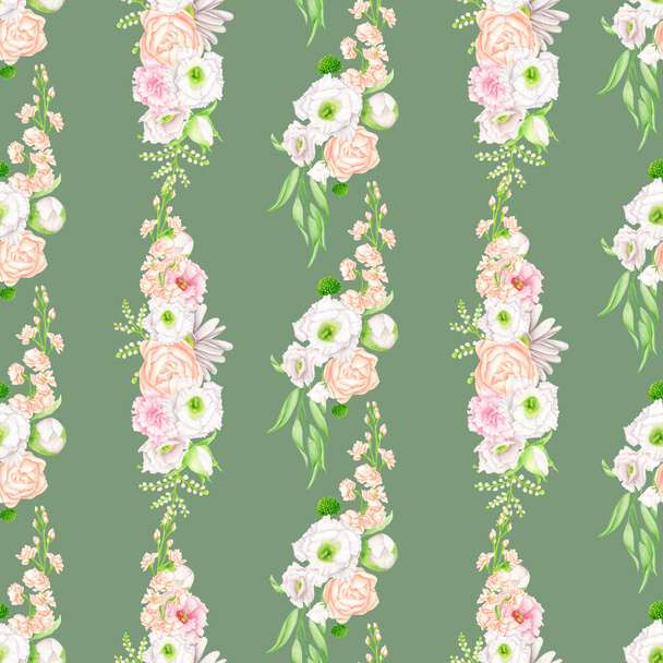 水彩の花のシームレスなパターン。手を垂直植物タイルを描いた。パステルグリーンの背景にエレガントな花束。壁紙、包装、スクラップブック、ファブリック、ファッションのためのピンクの花の繰り返しタイル - 写真・画像