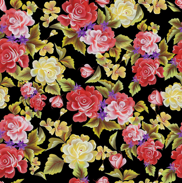 Roses on a black background seamless  pattern - Photo, Image
