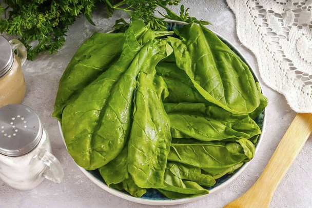 Wash spinach or lettuce leaves in water, cut off the stems and pat dry. Fan out onto a plate. - Fotografie, Obrázek