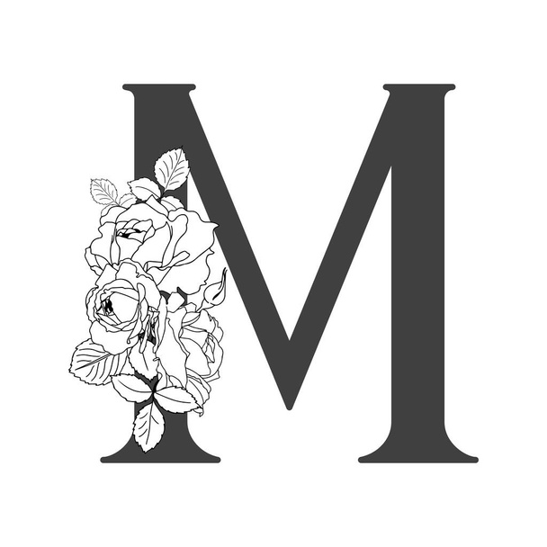 Vector floral alphabet. Floral design of letter M. Monogram floral letters. Decoration of wedding invitations, cards, business cards of florists. Floral design of roses in a linear style. - Vetor, Imagem
