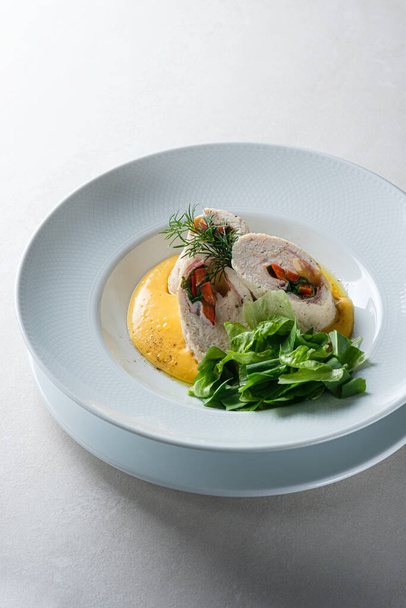Menu for the restaurant: chicken fillet roll with potato-carrot  - Foto, Imagem