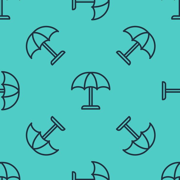Czarna linia Parasol ochronny na ikonę plaży odizolowany bezszwowy wzór na zielonym tle. Duży parasol do przestrzeni zewnętrznej. Parasol plażowy. Wektor. - Wektor, obraz