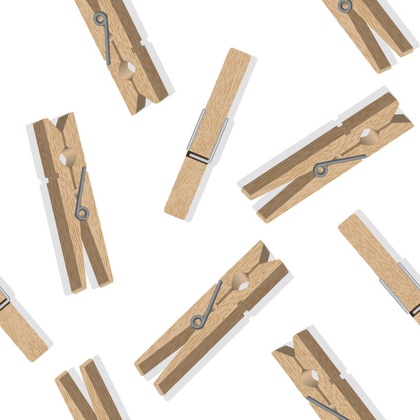 Realistic 3d vector seamless pattern. Realistic wooden photo clip, fabric clothespins, clothes hanger, clothespin. Close-up, volumetric, at an angle. Decor element, graphic design element. - Vector, Image