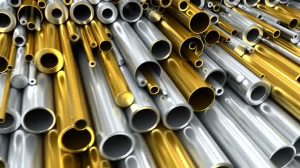 Set di tubi metallici rotondi e aste in acciaio, alluminio, rame, materiali di ottone. Diversi diametri e spessore. Magazzino tubi metallici. Animazione industriale 3d - Filmati, video