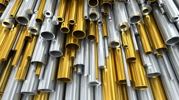 鋼、アルミニウム、銅、真鍮材料で作られた丸い金属管とロッドのセット。異なる直径と厚さ。金属パイプ倉庫。工業用3Dアニメーション - 映像、動画