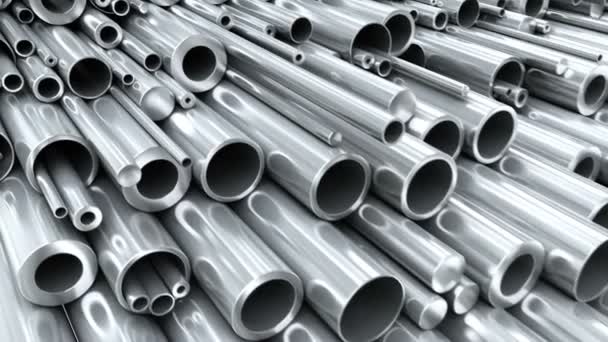 Close-up set of different diameters steel round tubes and pipes and rods. Industrial 3d animation - Footage, Video