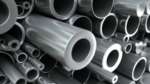 Set close-up di tubi tondi in acciaio di diversi diametri. Animazione industriale 3d - Filmati, video