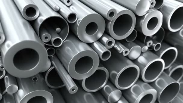 Close-up set of different diameters steel round tubes and pipes and rods. Industrial 3d animation - Footage, Video