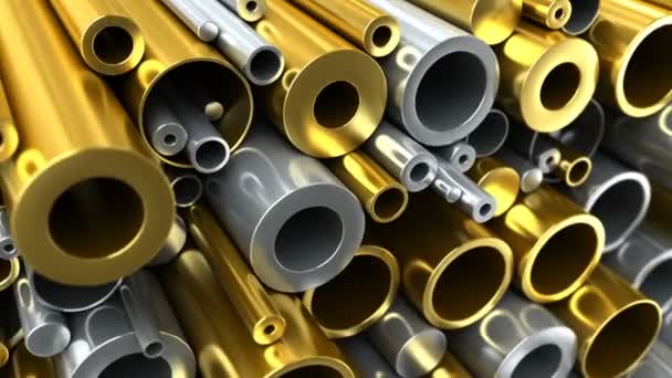Conjunto de tubos metálicos redondos y varillas de acero, aluminio, cobre, materiales de latón. Diferentes diámetros y grosor. Almacén de tubos metálicos. Animación industrial 3d - Metraje, vídeo