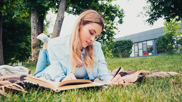 Parkta battaniyeye uzanmış kitap yazan genç bir öğrenci.  - Fotoğraf, Görsel