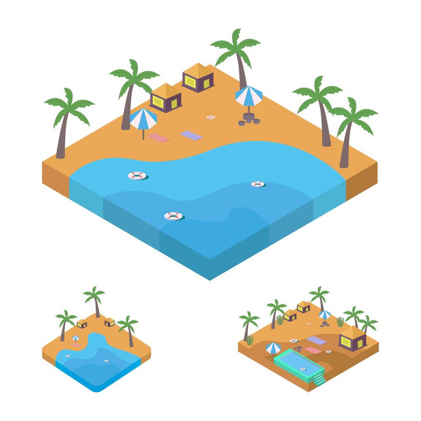 2.5D Sandstrand Landschaft Konzeptsammlung. Sandstrand mit Schwimmbad und Kokospalmen. Seashore 2.5D Kunst mit Rettungsring und Sonnenbaden. - Vektor, Bild