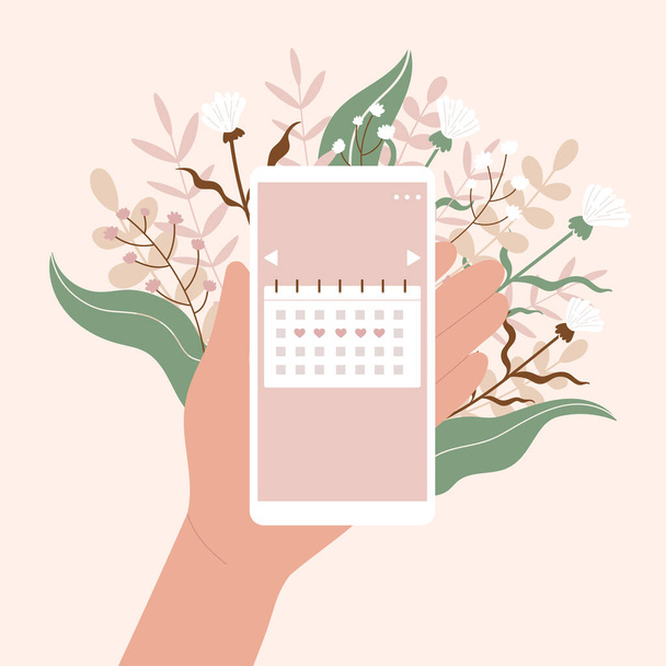 Menstruační cyklus. Žena drží smartphone s kalendářem menstruačního cyklu. Květinový telefon v rukou. Ploché kreslené vektorové ilustrace izolované na bílém pozadí - Vektor, obrázek