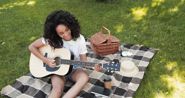 vista aérea de la alegre mujer afroamericana tocando la guitarra acústica durante el picnic en el parque  - Foto, Imagen