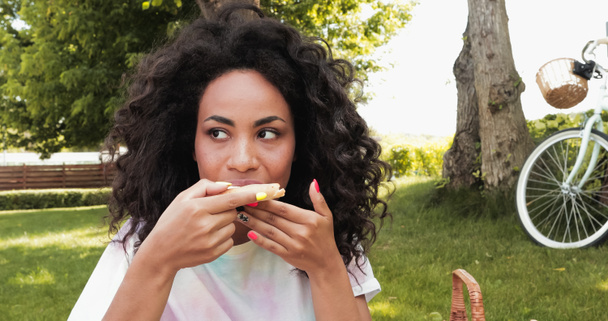 curly african american woman eating pizza in park  - Foto, immagini