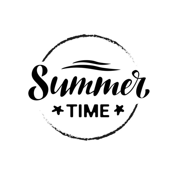Summertime, digital handwriting, lettering, black letters, sea stars and waves in the circle, white background. Vector illustrations, modern design. Summer illustration, banner, poster, postcard. - ベクター画像