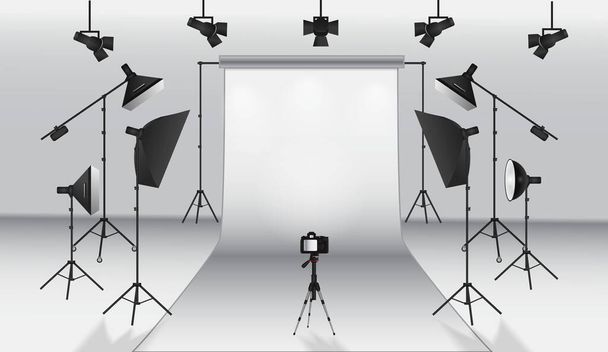conjunto de estudio fotográfico realista blanco fondo en blanco aislado o configurar la escena fotográfica con luz de caja suave o moderno equipo de rayos para el concepto de fotografía profesional. eps vector - Vector, imagen