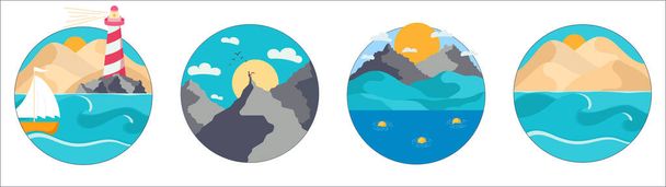 Set of a round simple landscape of a desert hills, lighthouse, boat into the ocean, mountain, hills, background template. Vector illustration in a flat style. - Vector, afbeelding