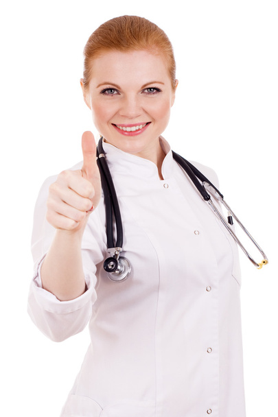 Sorrindo médico feminino mostrando polegar para cima
 - Foto, Imagem