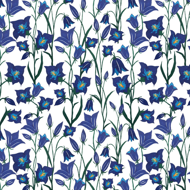 Seamless vector pattern with blue bells flowers, steams and leaves. Hand drawn marker botanical design on white background. Floral design for fabric, textile, wrapping paper, card, invitation. - Vector, Image
