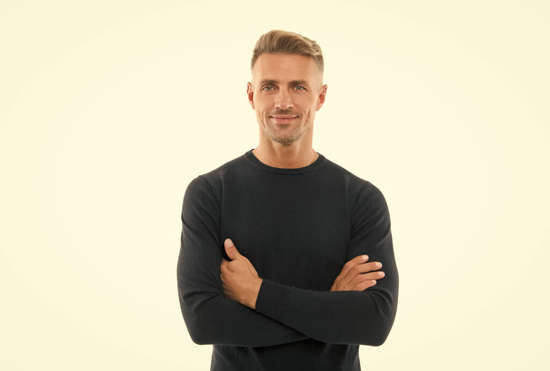 good looking guy isolated on white. male fashion style. mens beauty. mature handsome man with hairstyle. hairdresser concept. confident businessman wearing casual. confidence - Valokuva, kuva