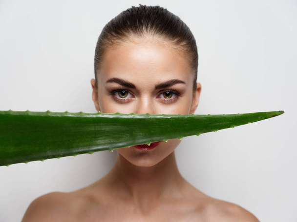 mujer escondida detrás de hoja de aloe verde piel limpia cosmetología aspecto natural - Foto, Imagen