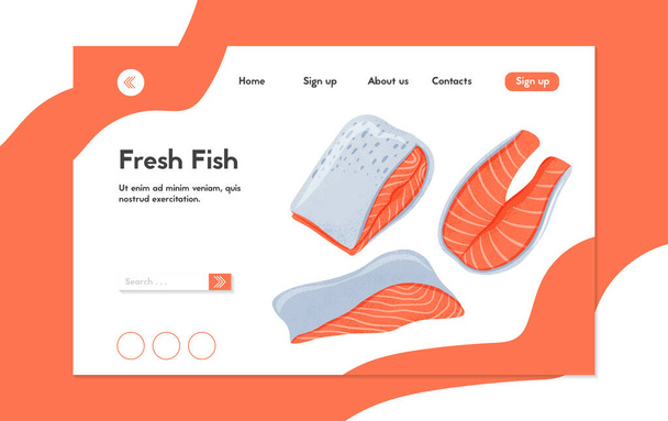 Fresh tasty salmon fillets, sea fishes vector hand drawn landing page design with space for text. Colorful fish, sea products, restaurant or marine cafe website design. - Vector, Image