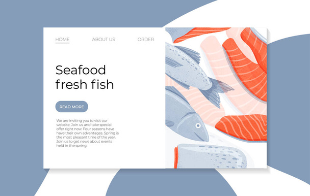 Φρέσκα νόστιμα φιλέτα σολομού, θαλασσινά ψάρια διάνυσμα χέρι σχέδιο landing page με χώρο για κείμενο. Πολύχρωμα ψάρια, προϊόντα της θάλασσας, εστιατόριο ή θαλάσσια καφέ ιστοσελίδα σχεδιασμό. - Διάνυσμα, εικόνα
