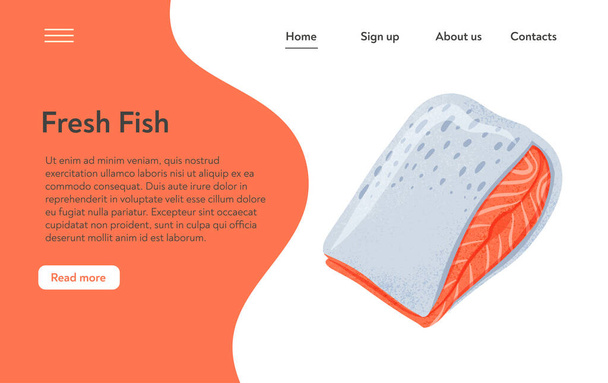 Fresh tasty salmon fillet, sea fish vector hand drawn landing page design with space for text. Colorful fish, sea products, restaurant or marine cafe website design. - Vector, Image