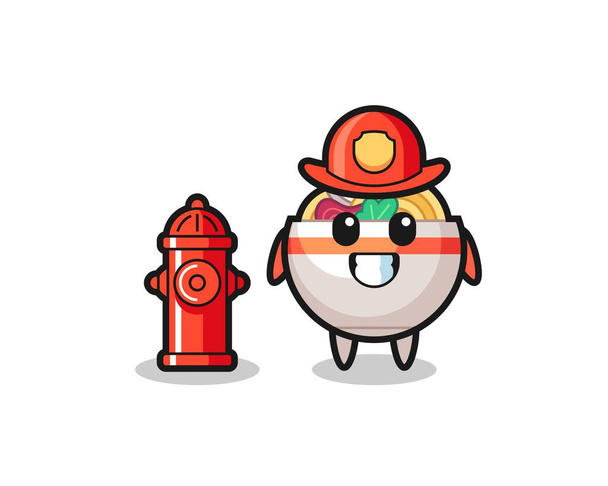 Personagem de mascote de macarrão tigela como um bombeiro, design de estilo bonito para t-shirt, adesivo, elemento logotipo - Vetor, Imagem