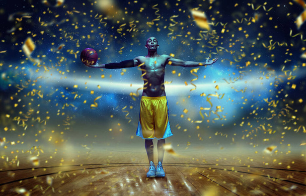 Victory. Beautiful african-american male basketball player with ball in neon light on on arena background with festive confetti fireworks. - Foto, imagen