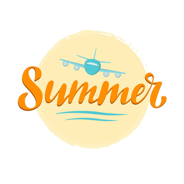  Summer, digital handwriting, lettering, the color of the gold sand, blue plane, ad waves, beige circle background. Vector illustrations, modern design. Summer illustration, banner, poster, postcard. - Vector, afbeelding