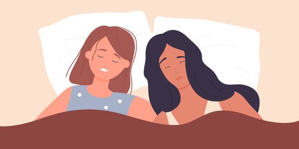 Μερικά κορίτσια κοιμούνται στο κρεβάτι το βράδυ, νέες γυναίκες ξαπλωμένες στο μαξιλάρι κάτω από την κουβέρτα - Διάνυσμα, εικόνα