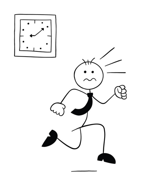 Hombre de negocios Stickman personaje que llega tarde y corriendo, ilustración de dibujos animados vectoriales. Negro perfilado y de color blanco. - Vector, imagen