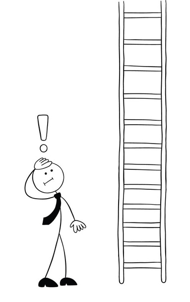 Персонаж Стикман бизнесмен, глядя на очень длинную деревянную лестницу и беспокойную векторную иллюстрацию. Черный контур и белый цвет. - Вектор,изображение