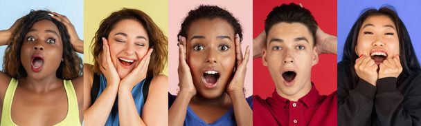 Collage with images of surprised people, young women and man posing isolated over multicolored background. - Photo, Image