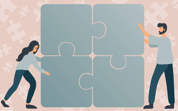 Colleagues Drawing Fitting Four Pieces Of Jigsaw Puzzle Together Showing Teamwork. Teammates Finding Clues Together Displaying Team Cooperation. - Vector, Image