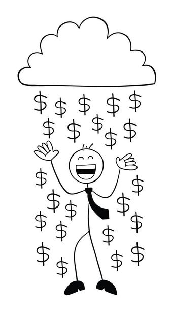 Hombre de negocios Stickman personaje bajo la nube y tan feliz con la lluvia dólar, ilustración de dibujos animados vectoriales. Negro perfilado y de color blanco. - Vector, imagen
