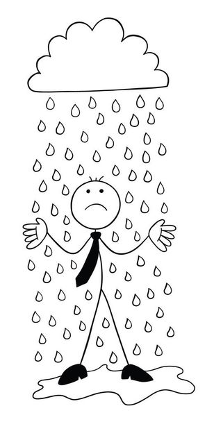 It's raining, stickman businessman character getting wet and unhappy, vector cartoon illustration. Black outlined and white colored. - Vektor, kép