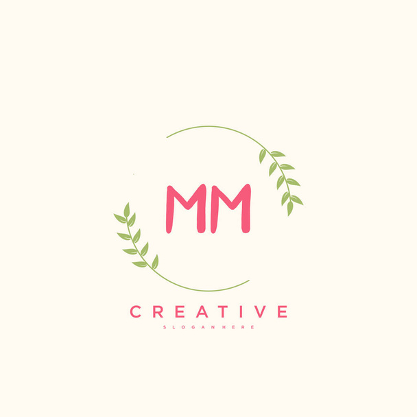 MM美容ベクトル初期ロゴ、任意の会社やビジネスのための創造的なテンプレートと初期署名、結婚式、ファッション、ジュエリー、ブティック、花や植物の手書きのロゴアートデザイン. - ベクター画像