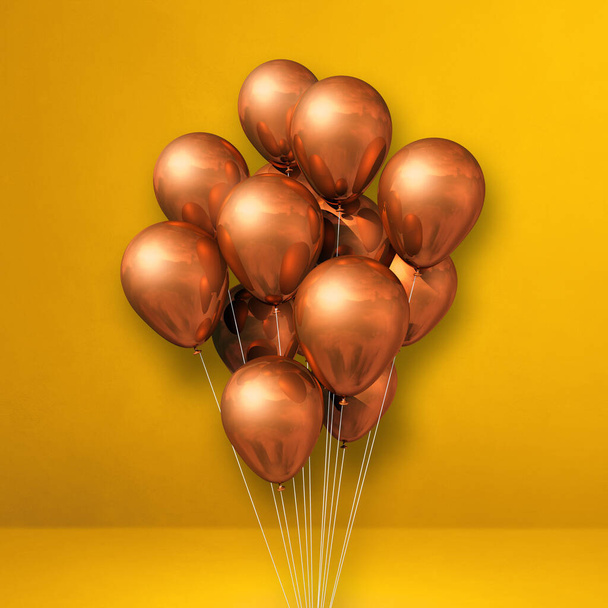 Copper balloons bunch on a yellow wall background. 3D illustration render - Foto, Imagem