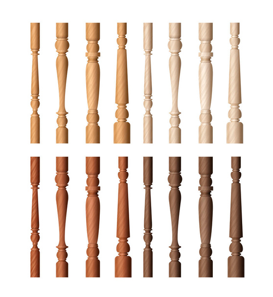 Wooden balustrade pillar set, cartoon brown baluster columns for decor collection - Vetor, Imagem