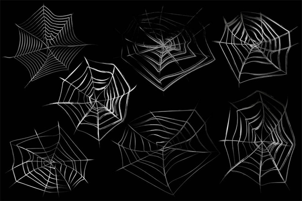 Vector set of drawn gray spider webs on a black background. Isolated elements with gradient fill. - Vector, Image
