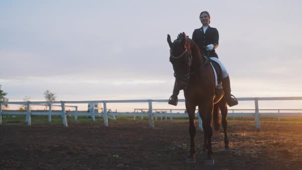 Mladá dívka na temném zálivu na koni na ranči během večera jasné bílé nebe - Záběry, video