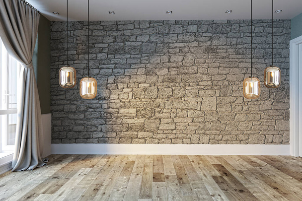 soggiorno decorazione d'interni lampada moderna e pavimento in legno, concetto muro di pietra. sfondo decorativo per la casa, ufficio, hotel. Illustrazione 3D - Foto, immagini