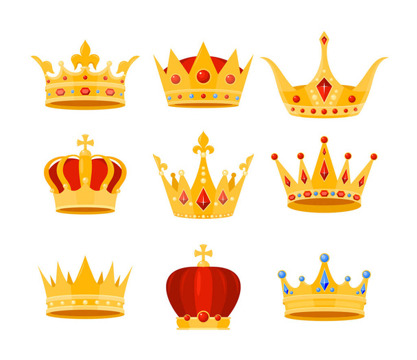 Złota korona wektor ilustracja zestaw, kreskówka płaskie złoto królewski średniowieczny zbiór luksusowy monarcha koronujący klejnot nakrycie głowy izolowane na białym - Wektor, obraz