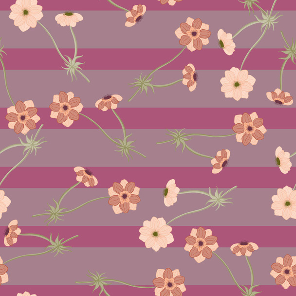 Vintage style seamless pattern with anemone flower shapes. Purple striped background. Random botany artwork. Stock illustration. Vector design for textile, fabric, giftwrap, wallpapers. - Vector, Image